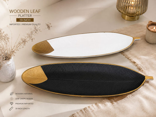 1 PCs Wooden Leaf Platter – Decorative Serving Tray for Snacks, Fruits & Table Display | Size: 49.5 x 17.8 x 3 cm (Random Color)