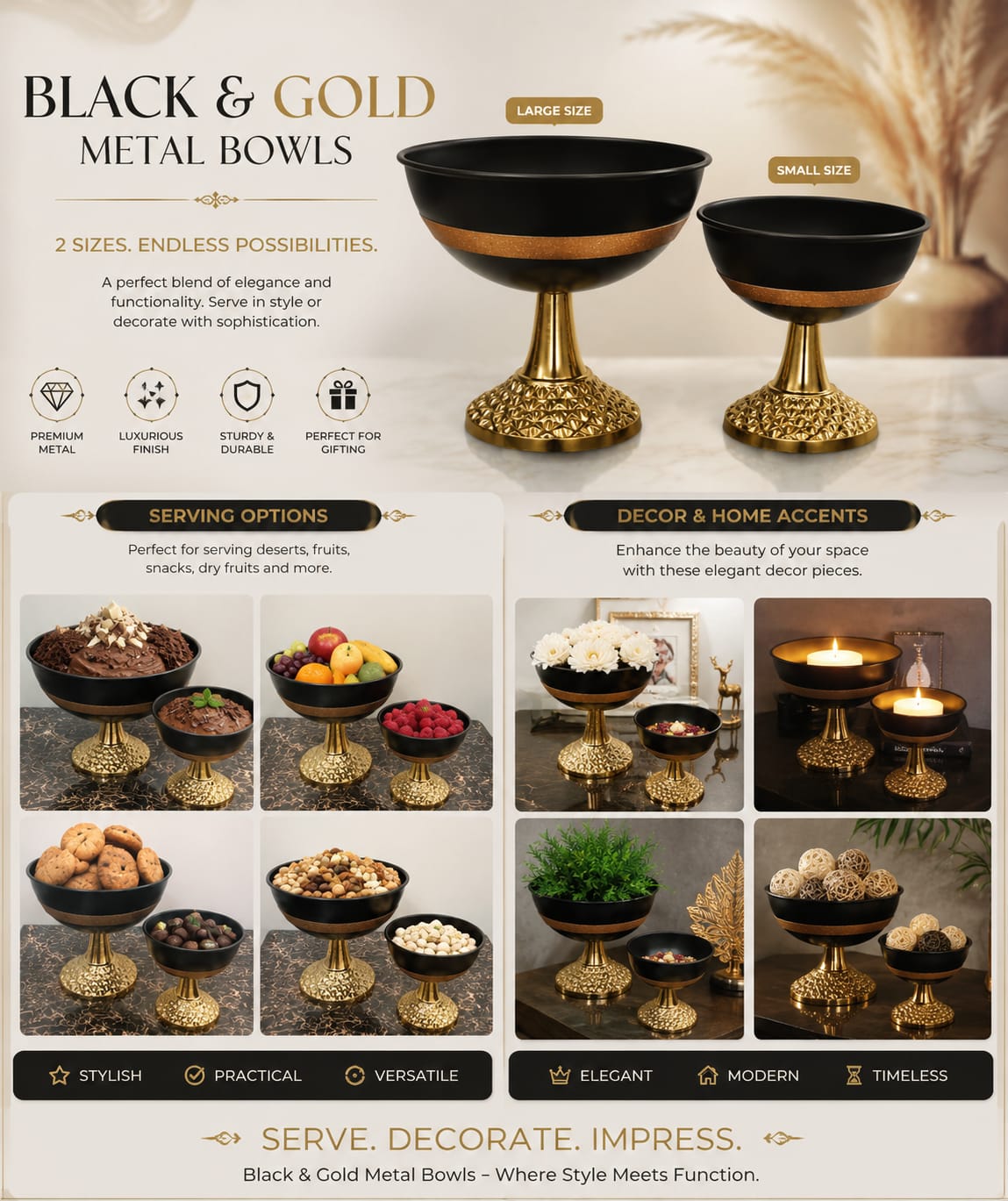 Luxury Metal Decorative Bowl Black & Gold Finish | Premium Centerpiece Bowl for Home Decor | Size 25x25x25cm