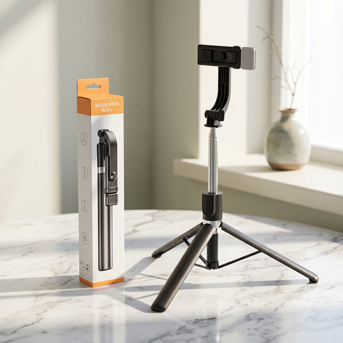 4 In 1 R1SL Selfie Stick Featuring A Bluetooth Remote, Tripod Stand, Light And Retractable Mobile Holder - With Light